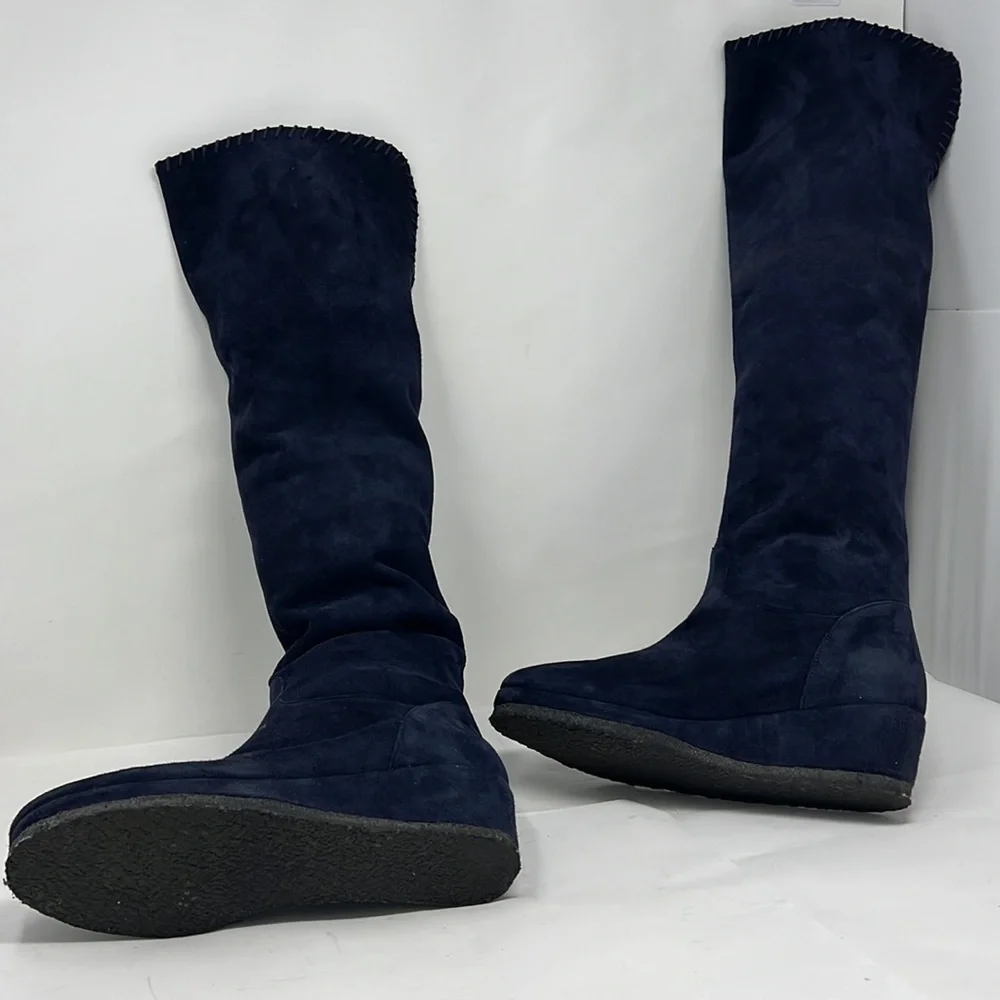 Michele Negri Sz 8.5 Blue Suede Low Wedge Whipstitch Trim Knee Boots